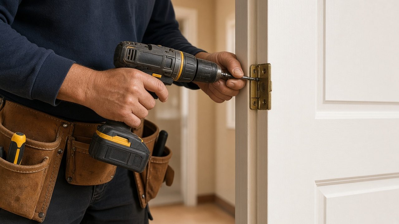 Drill driving screws into a door hinge