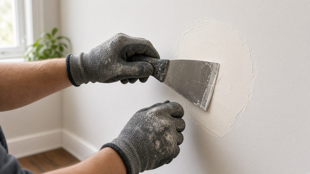 Gloved hands patching drywall with a putty knife