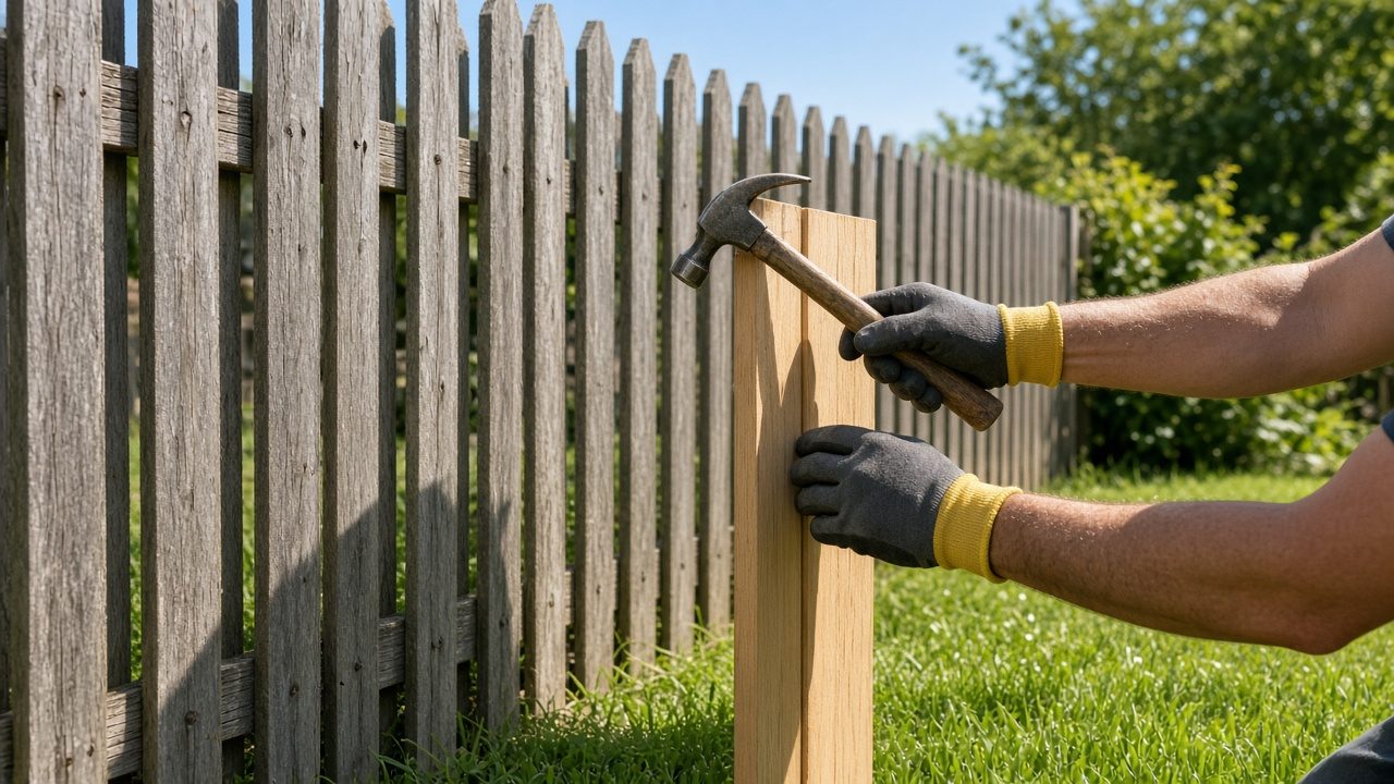 Nailing a new picket onto a wooden fence