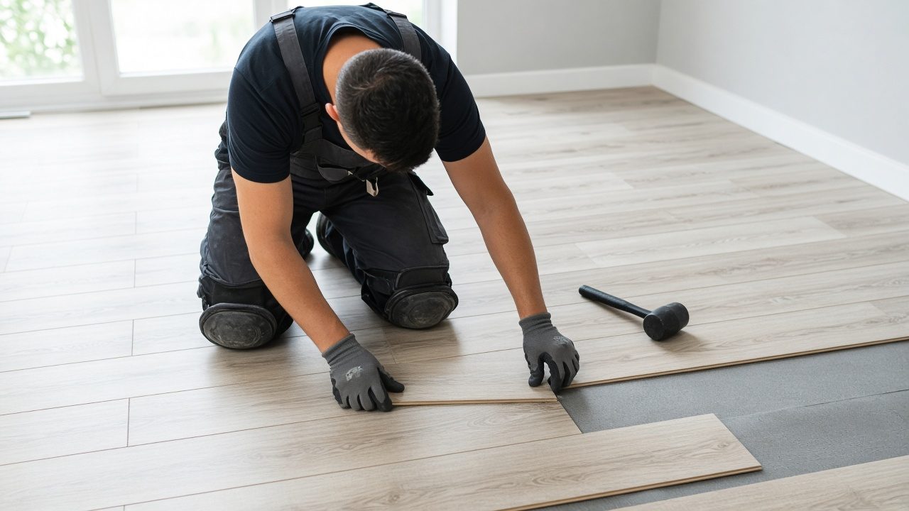 Worker installing wood-look flooring planks