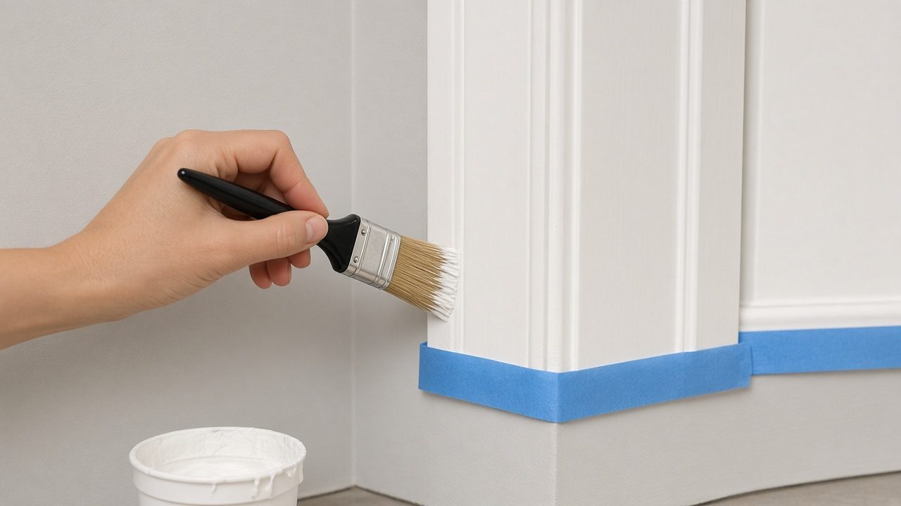 Brush painting white trim along a door frame